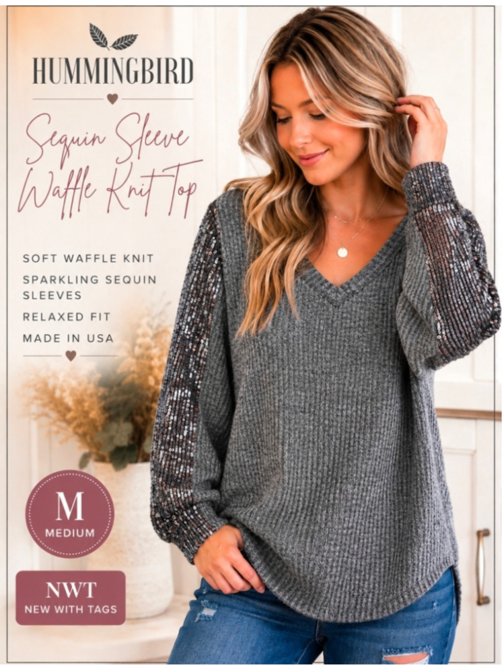 Hummingbird Gray Waffle Knit Sequin Sleeve Top NWT Medium Boho Sparkle